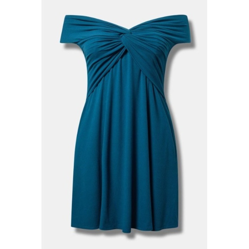 Torrid Super Soft Rib Front Knot Off Shoulder Mini Dress Pocket Blue Size 0 L 12